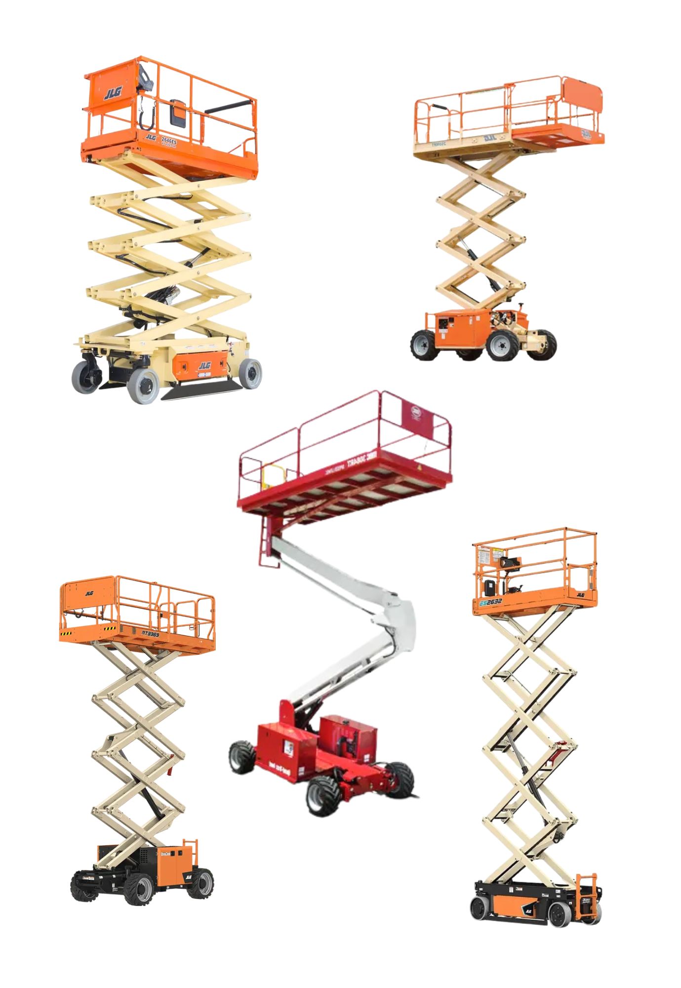Multiple scissor lifts for rent, including electric and all-terrain models, available from Buck Rentals.